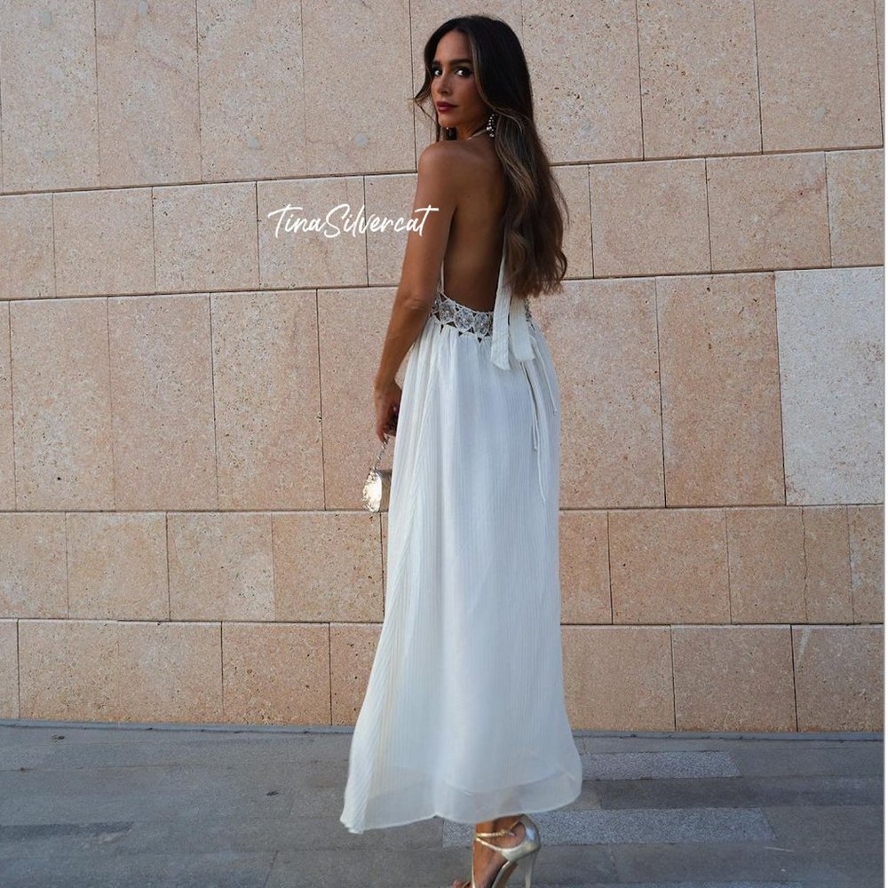Zara White Cream Rhinestone Midi Dress NWT - Picture 15 of 16